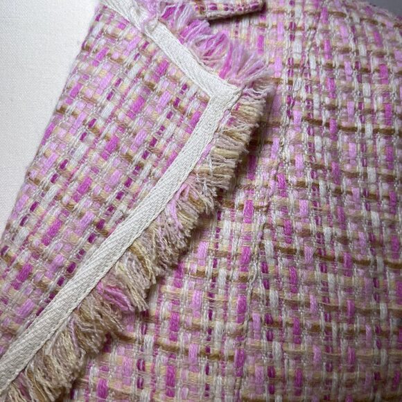 Moa Moa cropped fringe blazer jacket tweed pink tan cream women L - Picture 2 of 14